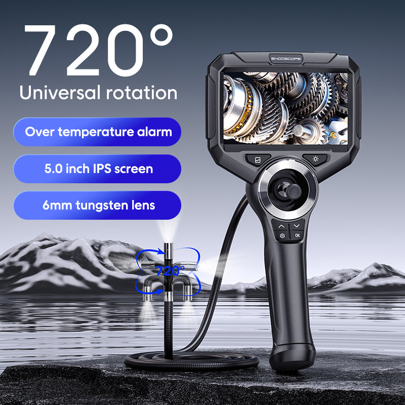 Industrial Borescope w/ Detachable 5-inch HD 720° Articulation – Tungsten-Reinforced 6mm Probe w/ Real-Time Thermal Alerts